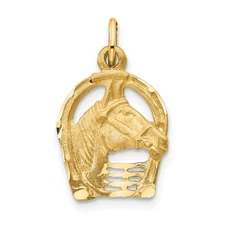 14k Yellow Gold Diamond-cut Horse Head in Horseshoe Charm Pendant