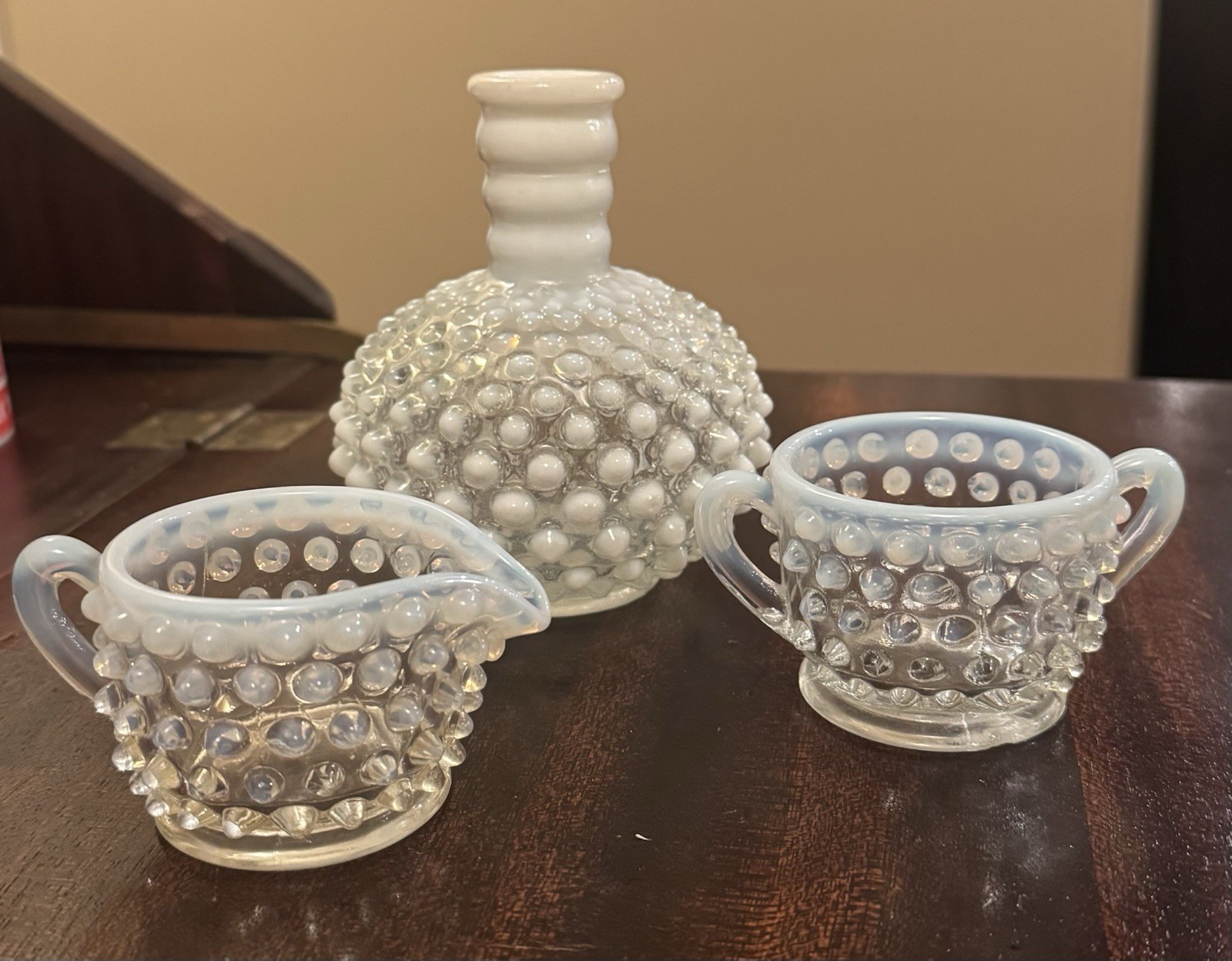 VTG Fenton Opalescent Hobnail Cream Sugar Small Clear White Bottle No Stopper