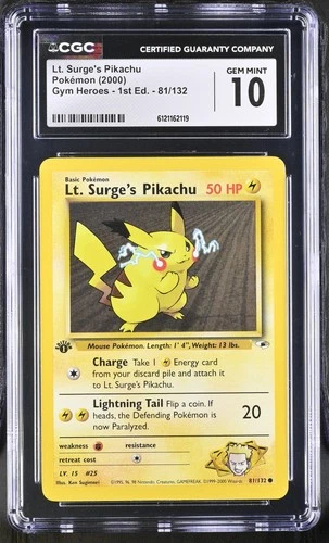 CGC 10 GEM MINT Lt. Surge's Pikachu Gym Heroes 1st Edition 81/132 Pokemon Card