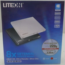 LITE-ON 8x External USB DVD/CD Writer Drive Black eBAU108 Ultra Slender - NEW