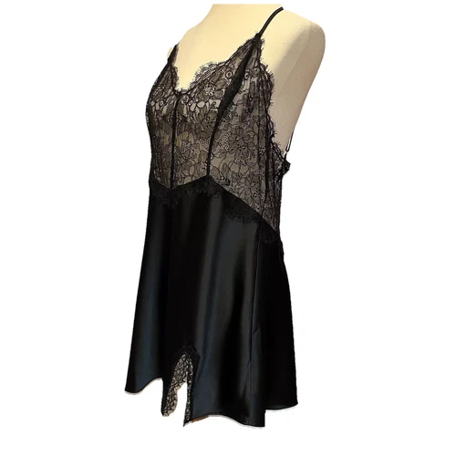 UNDERCOVER Abito Victoria Secret nero raso pizzo camicia XL spacco coquette lusso sexy