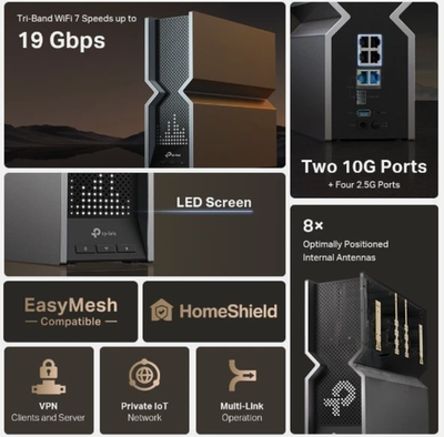 TP-LINK Archer BE800 BE19000 Tri-Band 4-Port Wireless Router