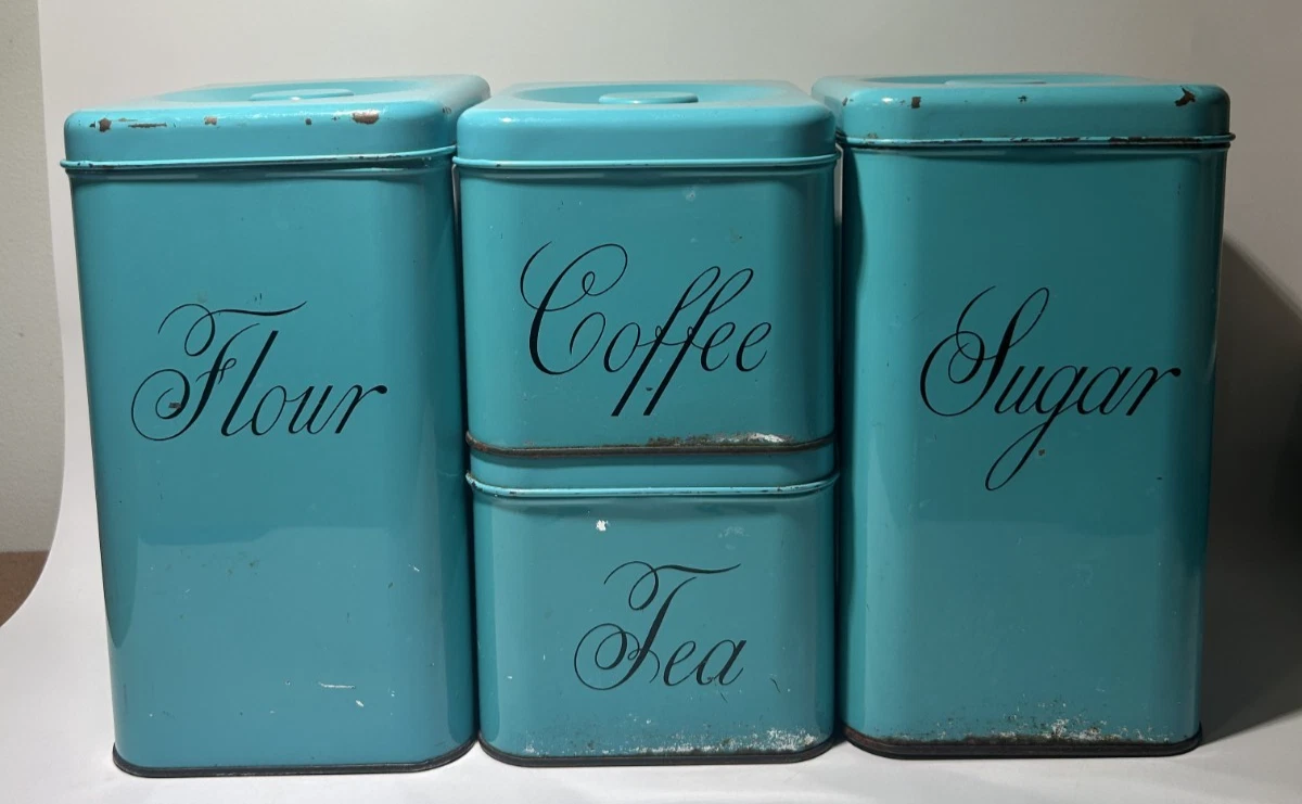 VTG Harvell Space Saver Mid-Century MCM Turquoise Blue Green Canister Set of 4