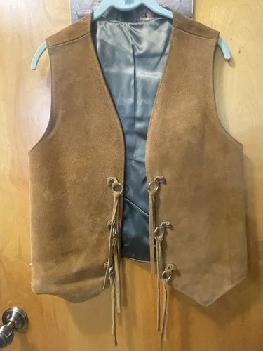Vtg 70s BUCKBOARD Leather Suede Vest Rockabilly Western Boho Hippie Biker Cowboy - product listing photo