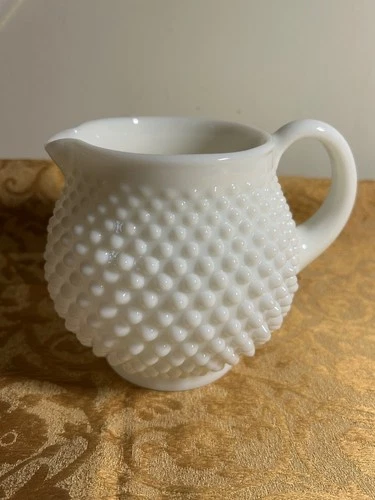 Vintage 1950’s White Milk Glass Hobnail Squat Jug Juice Pitcher 5.5” Tall