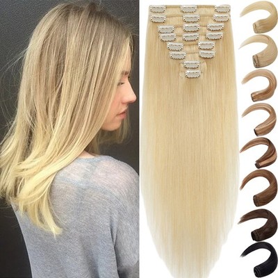 CLEARANCE 100% Remy Clip in Russian Human Hair Extensions 7/8 Pieces Full Head