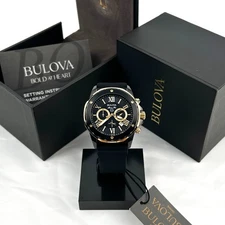 Bulova Men's Marine Star 98B278 Black Dial Silicone Strap Quartz Watch 44mm