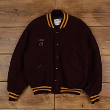 Giacca Vintage DeLong Varsity M Uomo Made USA Anni 90 Rosso Marrone Letterman Snap