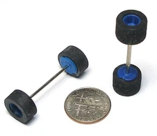 2pc TYCO Slot Car Chassis Wide BLUE FRONT +REAR WHEELS Tires etc Fit MANY BRANDS