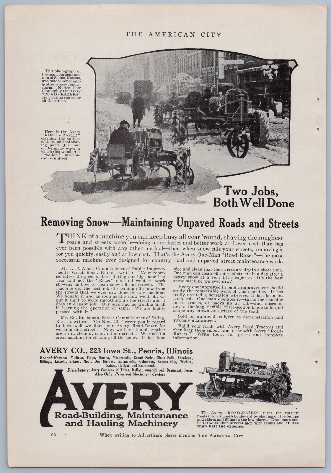 1922 Avery Machinery Ad Road Razer Snow Removal Plow Salina Kansas