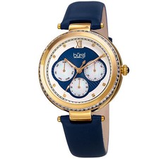 Women's Burgi BUR182BU Multifunction Crystal Gold Tone Blue Leather Strap Watch 