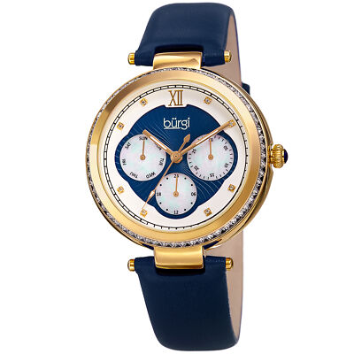 Women's Burgi BUR182BU Multifunction Crystal Gold Tone Blue Leather Strap Watch 