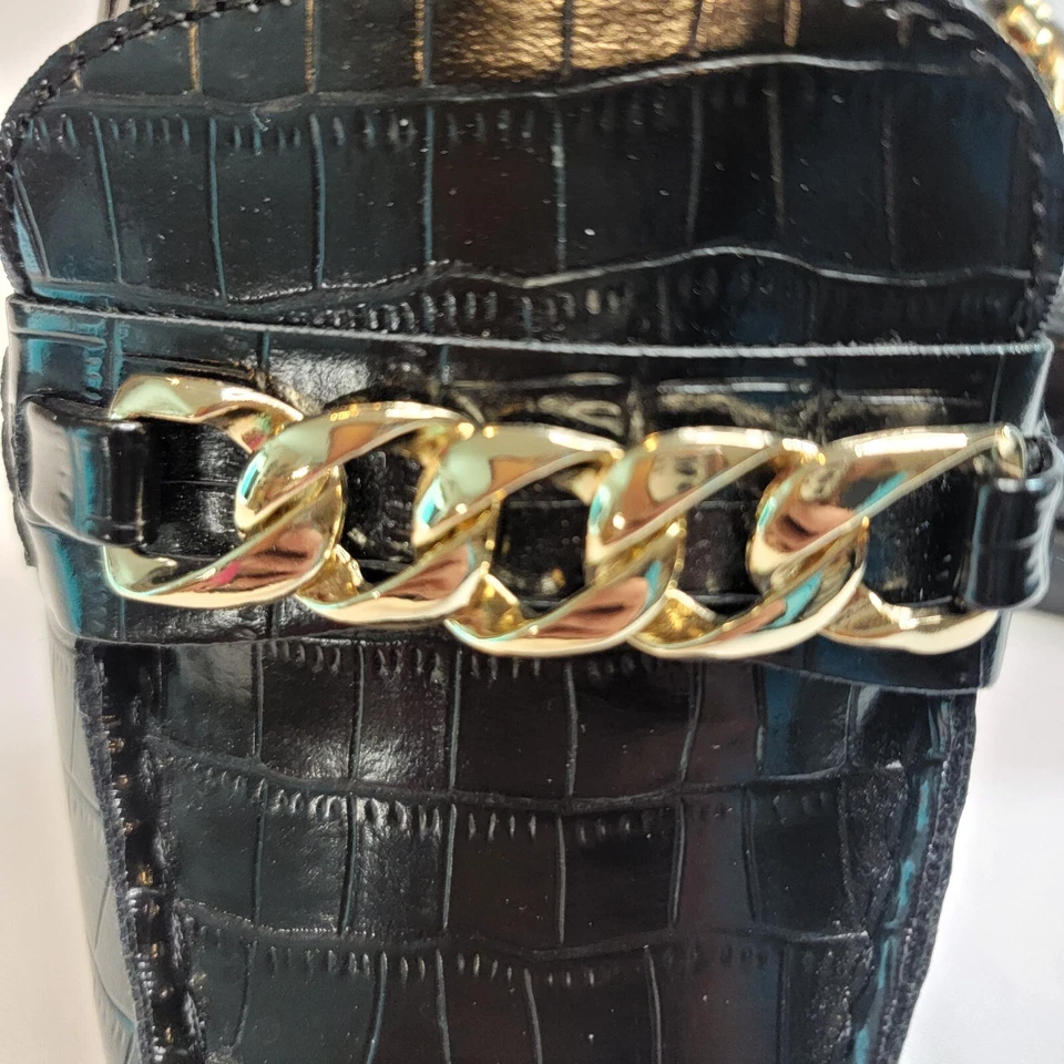 Mocasines antiguos azul marino para mujer 8,5 negro cocodrilo imitación cuero tacón grueso correa con acento dorado Foto 4 de 4