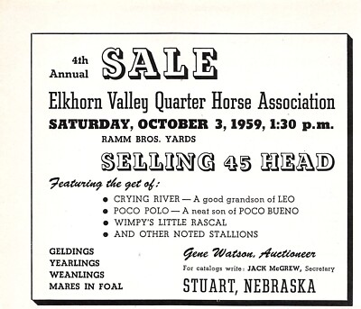 Elkhorn Valley Stuart NE Quarter Horse Sale Ramm 5.25'' x 4.25'' Vtg Mag Print Ad