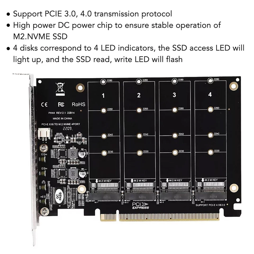 4-Port M.2 NVME SSD to PCIe 3.0 4.0 X16 Connector Expansion Card 4 x 32Gbps - Image 3 of 4