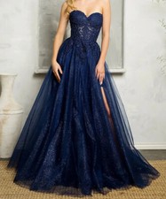 Glitter Tulle Party Dresses Side Split Applique Backless Floor Length Prom Gowns