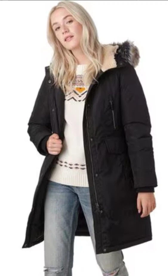 Chaqueta de plumón estoica para mujer XL negra abrigo de invierno de piel sintética con capucha parka polar Foto 2 de 4
