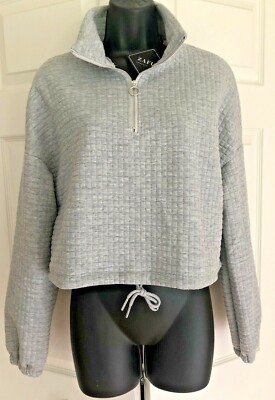 NWT ZAFUL Gray Long Sleeve Waffle Weave 1/2 Zip Cropped Sweater Size M 