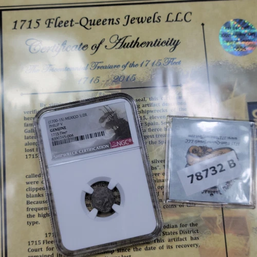 1715 FLEET Mexico Cob 1/2 Real NGC w/ Original Queens Salvor Tag & COA *J589