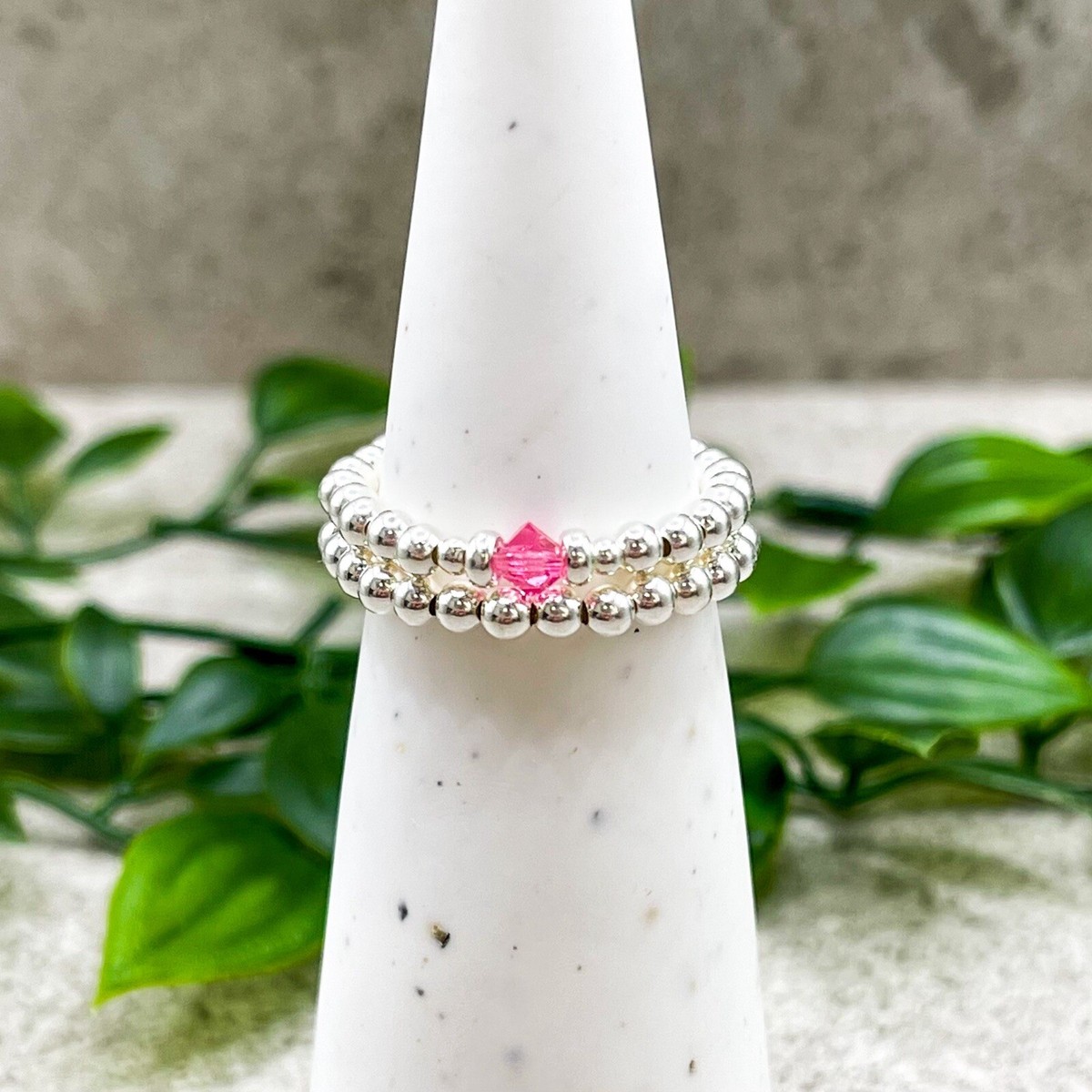 Sterling silver OCTOBER birthstone ring pink Rose stretch beaded
