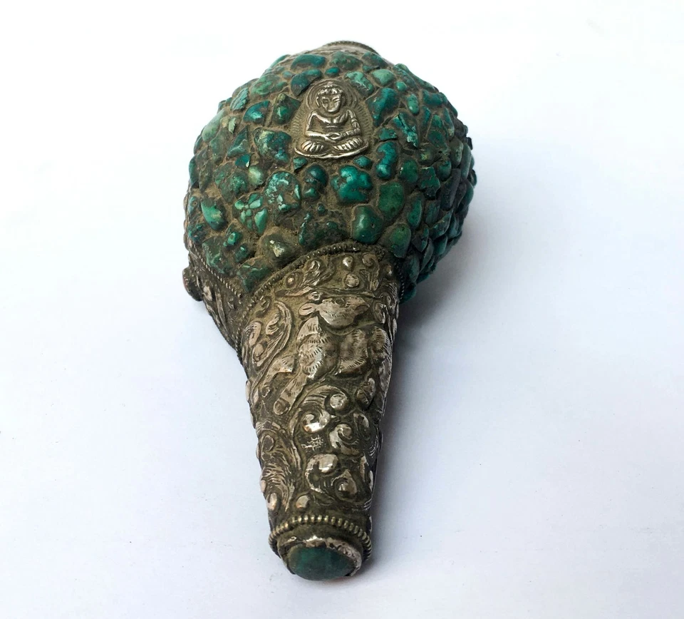 Tibetano Soplando Shankh Caracola Trompeta Cuerno Estatua Turquesa Azulejo Decoración del Hogar Foto 3 de 4