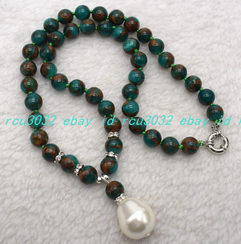 Natural 8mm Green Pyrite Gemstone Round Beaded White Pearl Pedant Necklace 18in - Image 2 of 4