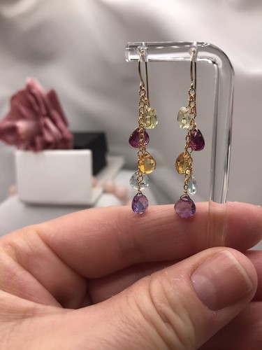 14k Multi Gemstone Earrings Briolette Citrine Garnet Topaz Handmade - Picture 5 of 8