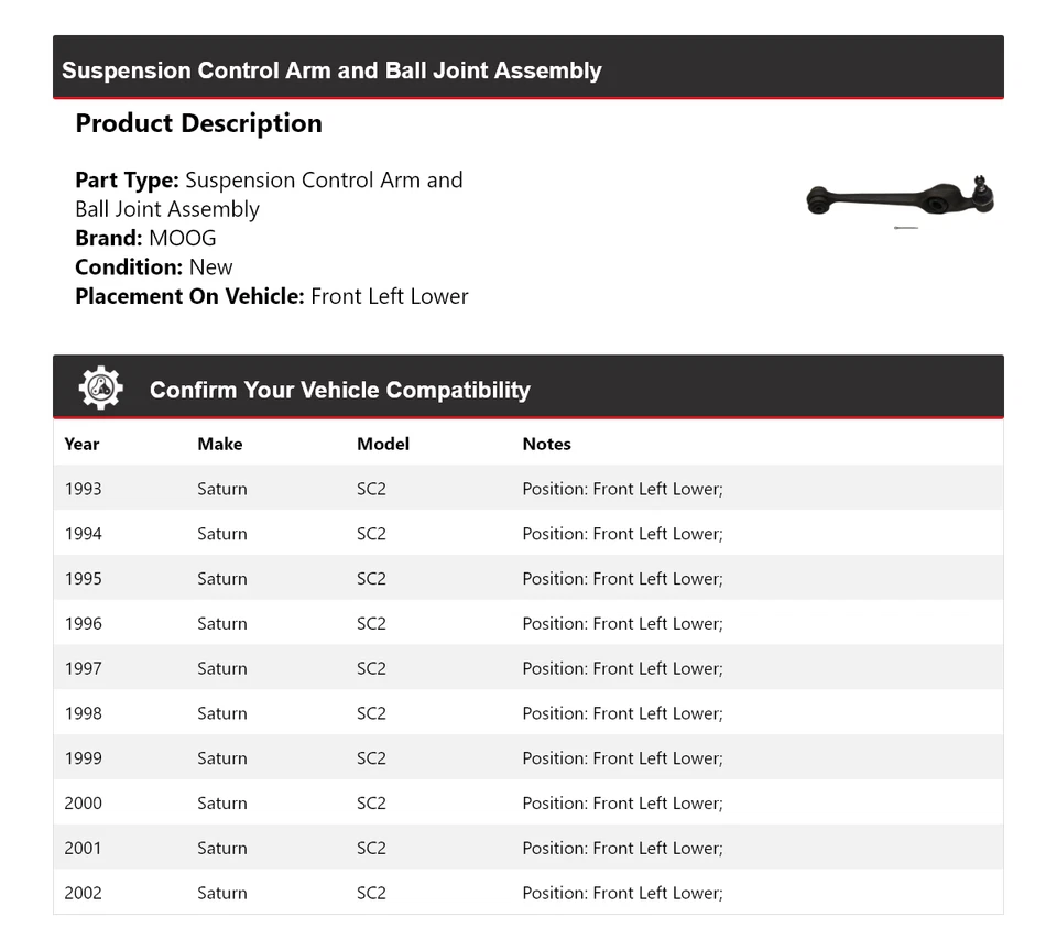 Conjunto de rótula de brazo de control delantero izquierdo inferior MOOG para Saturn SC2 1993-2002 Foto 2 de 4