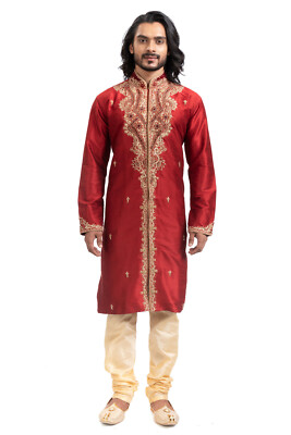 itailorman Men s Ethnic Designer Red Kurta Set Embroidered Wedding Wear