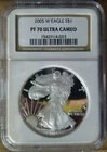 2005 W American Silver Eagle $1 Dollar Coin. PF 70 UC. 1542914-023. SCRATCHES