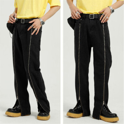 Damen Herren Retro Denim Hose Reißverschluss Schlitz gerades Bein Hip Hop Hippie Freizeit