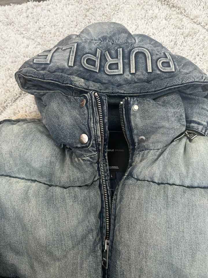 紫色品牌牛仔 Puffer 夹克中靛蓝水洗 L 码 — 第 3/4 张图片