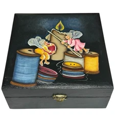 Vtg Wooden Fairy Pixie Thread Box, 7”x7”x3” Granny Whimsical Seamstress/Quilter