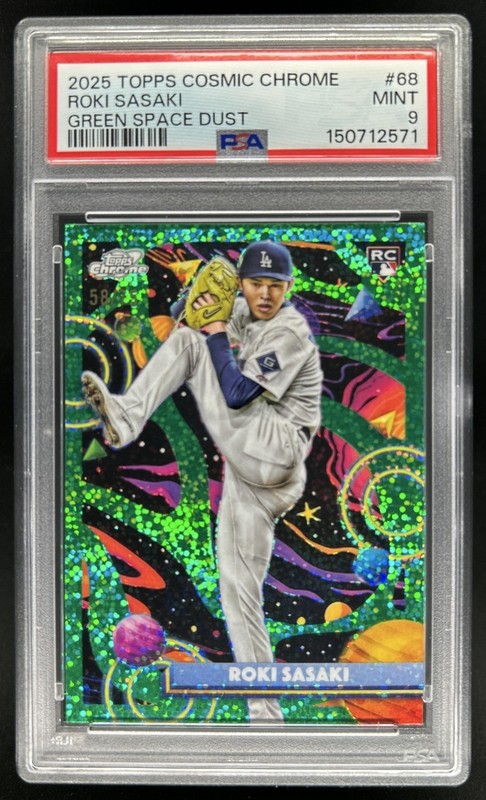 2025 Topps Cosmic Chrome Roki Sasaki RC Green Space Dust Refractor #/75 PSA 9