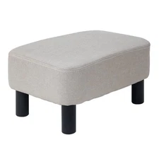 16.54" Small Footstool, Linen Fabric Pouf, with Padded Seat Pine Wood Legs an...