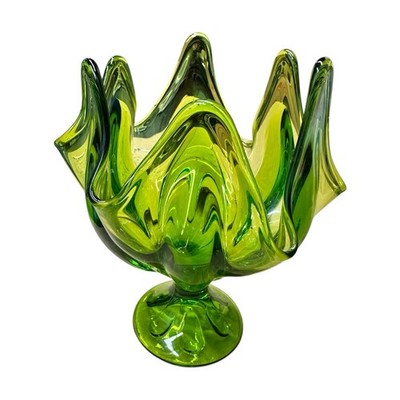 Viking Epic Green Handkerchief Compote Pedestal Bowl 7  MCM Art Glass