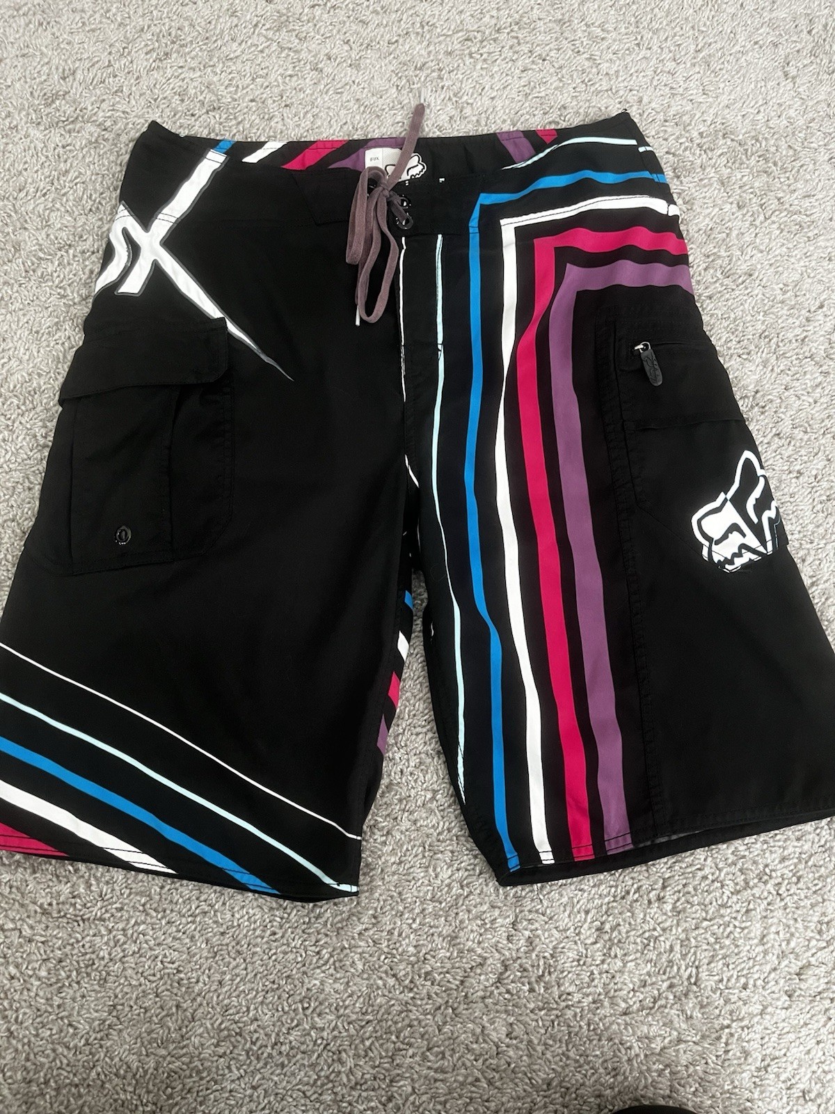 Fox Racing Board Shorts Mens 34 Blue Red White Graphic Swim Trunks Motocross