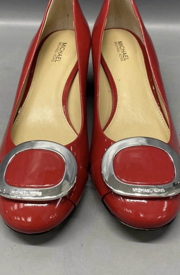 Michael Kors Women's Red Patent Leather Silver Buckle Block Heel Pumps Size 8.5 - Image 3 of 4