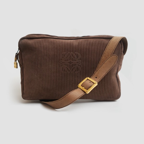 Loewe Vintage Anagram Chocolate Brown Cord Suede Leather Crossbody Bag Unisex