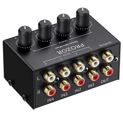 4-Channel Stereo Audio Mixer, RCA Input with Independent Volume Controls, Met...