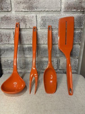 Vintage MCM Set Of 4 FOLEY Orange Kitchen Utensils-ladle,spoon,spatula,fork-WOW!