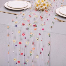 10ft White Embroidery Daisy Tulle Table Runner 120 Inch Floral Table Runners ...