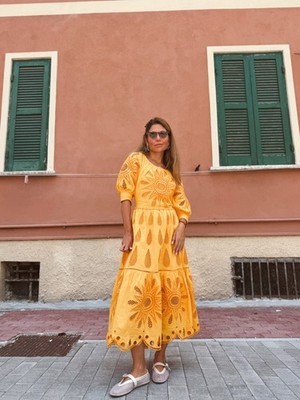 farm rio embroidered richelieu yellow midi dress
