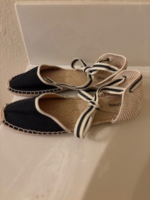 Soludos Espadrille Sandal Black Canvas Striped Ankle Ties Size 11 NEW