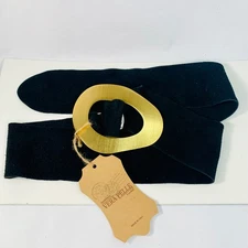 Vera Pelle Sash Oval Shaped Gold Metal Buckle Suede Leather Belt Black Italy NWT