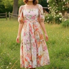 Vince Camuto Floral Puff Sleeve Tiered Midi Dress Size 8 Cottagecore Cotton