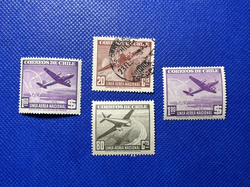 4 Chile Air stamps 1940-1948 , (3 M H) ,( 1 Used Nice Postmark )
