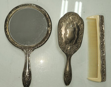 Vintage Ornate Silver Plated Victorian Mirror, Brush and Comb Vanity Set