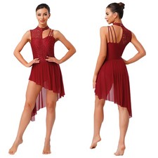 Womens Leotard Tank Dress Training Dancewear Outfit Lace Gymnastics Dance Slit