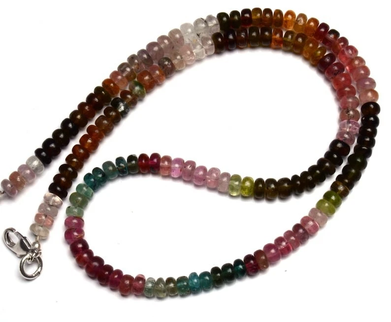Natural Multi Color Tourmaline Smooth Rondelle Shape Gemstone Beads Necklace 18" - Image 3 of 4